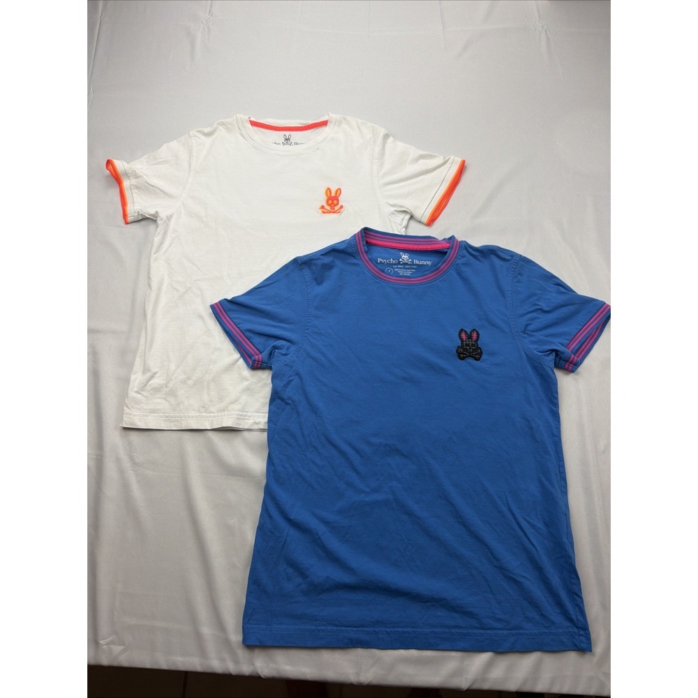 Lot of 2 Psycho Bunny Men T-Shirt Pima Cotton White Blue Size 3 XS (READ)